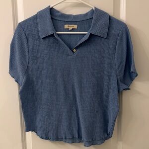 Madewell Dusty Blue Crinkled Polo Top